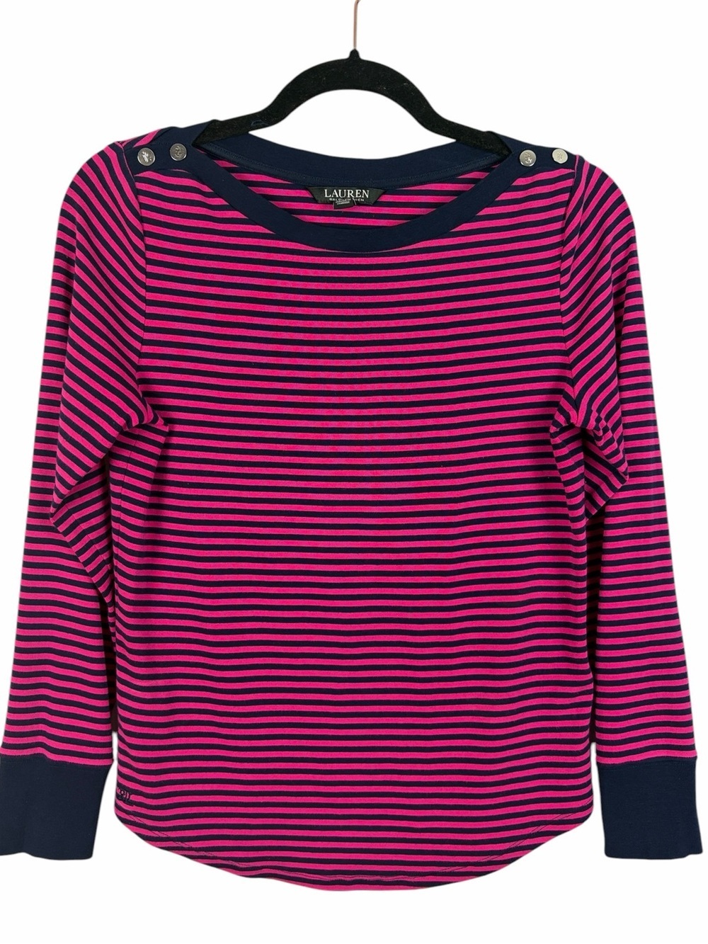 Lauren Ralph Lauren Pink Navy Striped Nautical Top Medium Sailor Button Shoulder